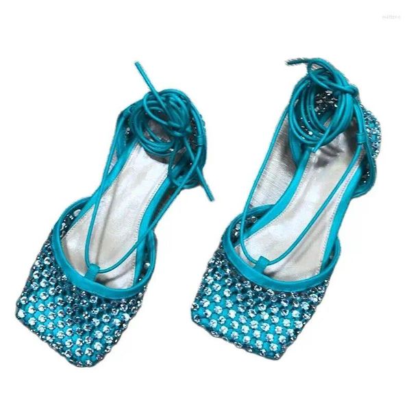 Sandalias Sky Blue Crystal Flat Women Toe Toble Toble Cross Store Fiest Vestido zapato Color Candy Mesh Mesh Holiday Sandal