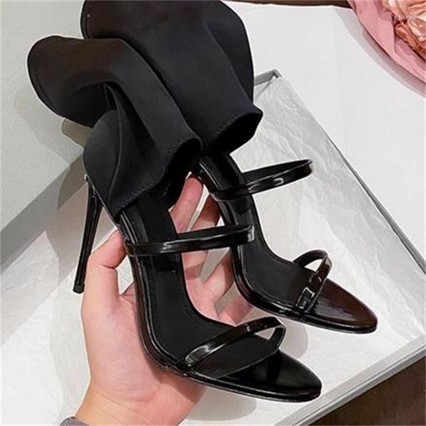 Sandales manches chaussures pour dames noir mince talons hauts bout rond femmes cuir verni solide Zapatos De Mujer ceinture Sandalias