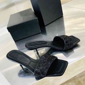 Sandalias, zapatillas de lujo con diamantes de imitación, zapatillas de tacón fino, sexis, con punta cuadrada, tacones altos, sandalias de playa, zapatos de mujer para exteriores 220406