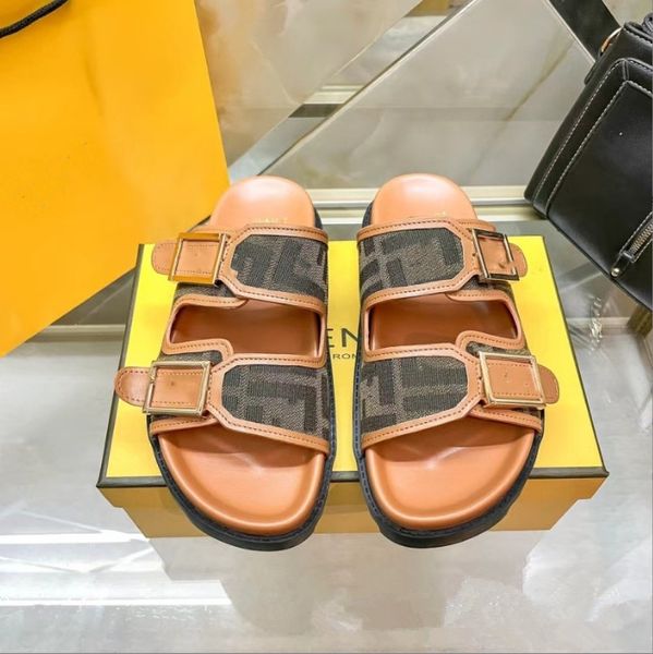 Sandales pantoufles hommes femmes marque Designer marron tissu F lettres sandales sensation cuir confort été extérieur classique diapositives