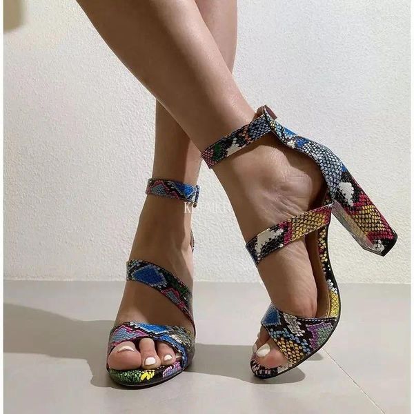 Sandalias de piel de serpiente para mujer, tacones altos cuadrados con punta abierta, zapatos de fiesta sexys para mujer, calzado con correa en el tobillo de verano 35-43 2024