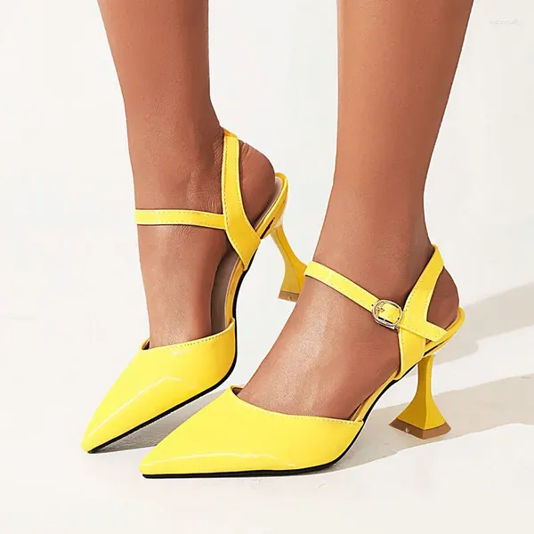 Sandalias Sólido Amarillo Brillante Color Naranja Extraño Tacones Altos Punta estrecha Hebilla Correa Moda Boda Novia Zapatos Verano Mujer