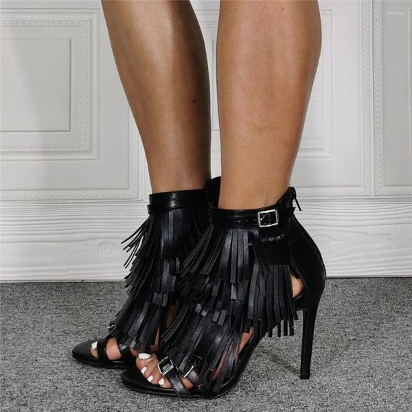 Sandales Solid Peep Toe Mode Noir Fringe Décor Pompes Dos Zipper Sandalias Pour Femmes Stiletto Talons Hauts Boucle De Cheville Punk