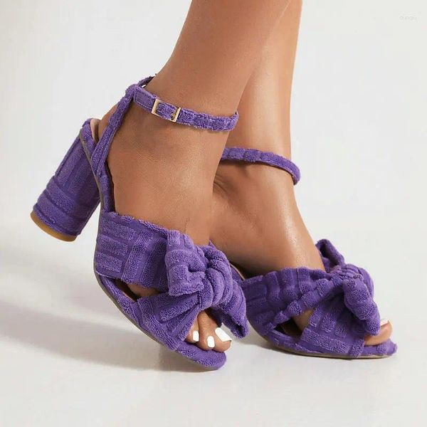 Sandales solides violet vert serviette éponge tricoté tissu bout ouvert doux dame chaussures d'été bloc talons hauts femmes grande taille 46 47 48