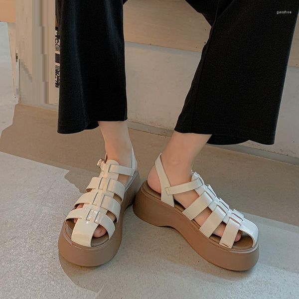 Sandalias Plataforma de cuero dividida Japonés Retro Gladiador Mujer Pisos Hebilla Correa Zapatos simples Sandalia de verano Estilo romano