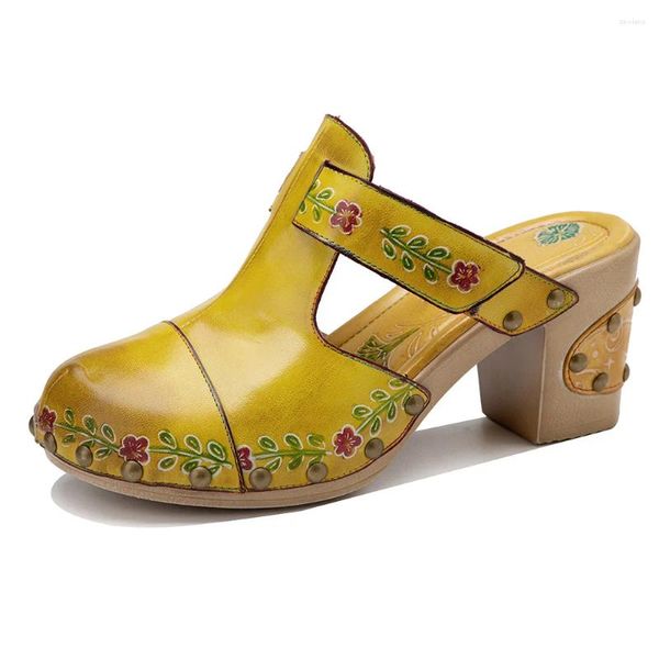 Sandales Printemps Et Été À La Main Floral Jaune Chunky Talon Haute Femmes Pantoufles