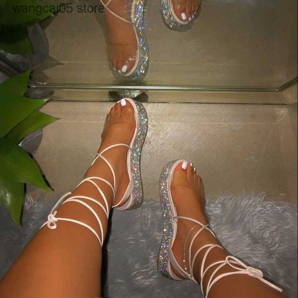 Sandales Printemps PVC ceinture transparente chaussures pour femmes avec des bretelles croisées en strass et des sandales à semelles épaisses pour femmes en pente T240220