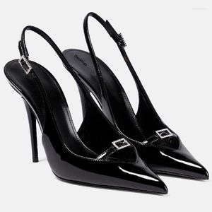 Sandales printemps/été cuir laqué bouton strass pointu avec talons fins robe de Banquet polyvalent chaussure unique pour femme