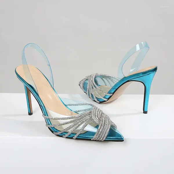 Sandales Printemps/Été Transparent PVC Pointu Strass Stripe Chaussures Simples Talons Hauts Mince Robe De Banquet Grande Taille Sandale Femme