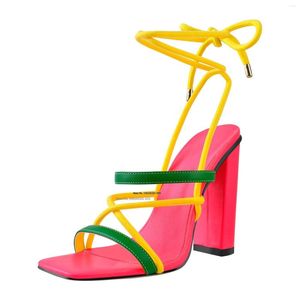 Sandalen Vierkante Neus Multi Color Strap Lace Up Chunky Hakken Hoge Hak Vrouwen Zomer Open Teen Lange Strappy Ankle banden Jurk Schoenen