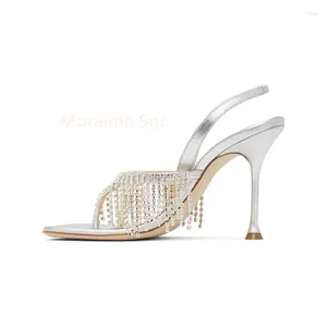 Sandales à bout carré Stiletto pour femmes, chaussures sexy avec strass et pompon, pendentif Slingback en cristal, talons hauts, chaussures de fête de mariage d'été