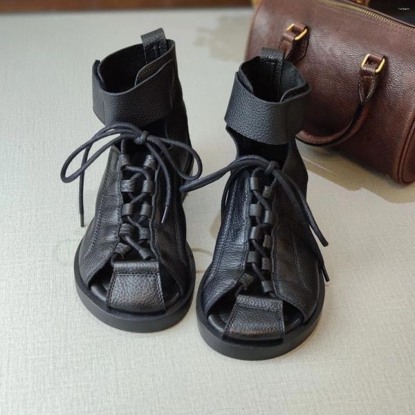 Sandales sangle crochet boucle femmes 2023 été bottes courtes appartements à lacets chaussures hautes dames plate-forme en cuir véritable
