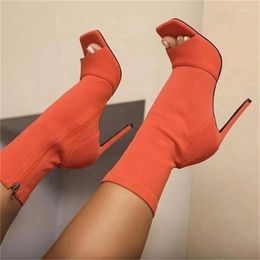 Sandals Stretch Fashion Knitting Fabric Ladies Toe Peep Ankle Boots Small Hole Hollow Out Breathable Dress Women High Heels Dance Shoes 273 54 5