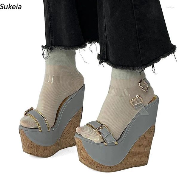 Sandalias Sukeia Mujeres hechas a mano Cajas de la plataforma altas tacones de altura redonda de la fiesta gris elegantes Damas Us talla grande 5-15