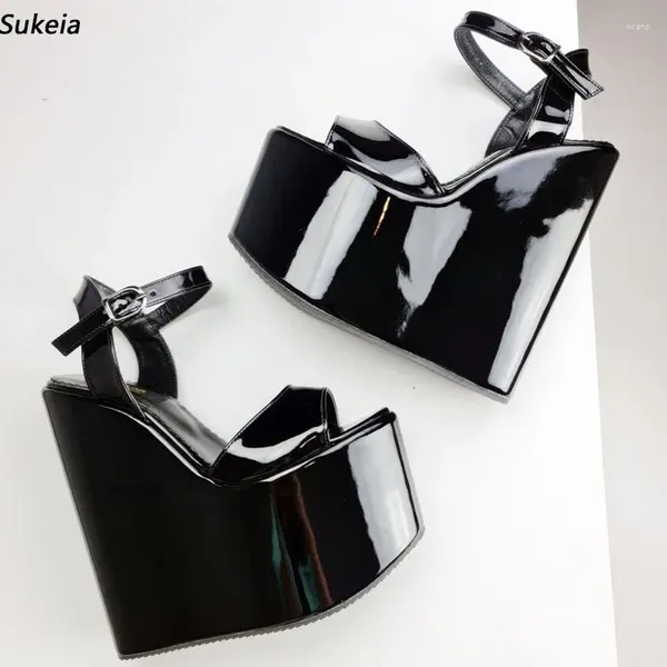 Sandalias Sukeia Hechas a mano Mujer Plataforma de verano Patente Cuñas Tacones Punta redonda Bonitos zapatos de fiesta negros Damas EE. UU. Talla grande 5-15