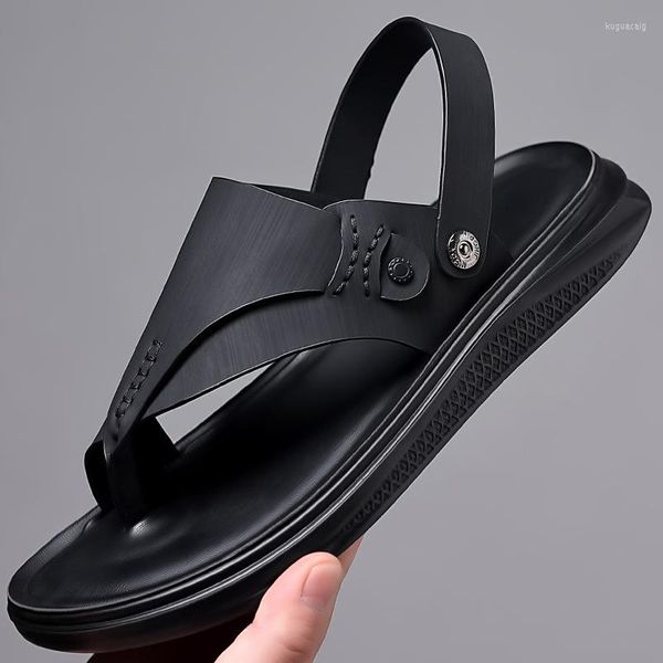 Sandales été tout noir hommes en cuir pantoufles sandale chaussures à la main doux marque hommes plage baskets DM-25