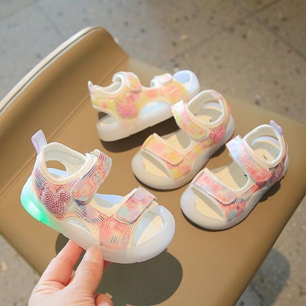 Sandales d'été en cuir Pu pour bébés filles, chaussures à lumière LED pour tout-petits, chaussures de plage décontractées, taille 21-25