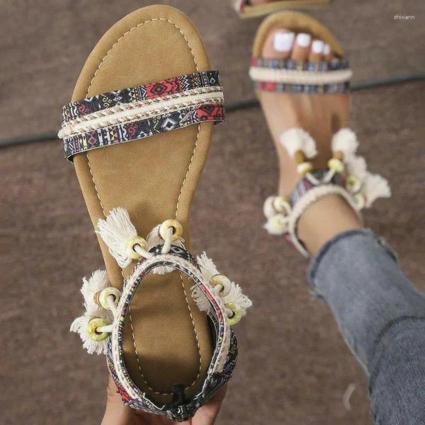 Sandalias verano playa bohemia zapatos de mujer cuña espalda cremallera con cuentas borla estilo étnico romano calzado femenino chaissure