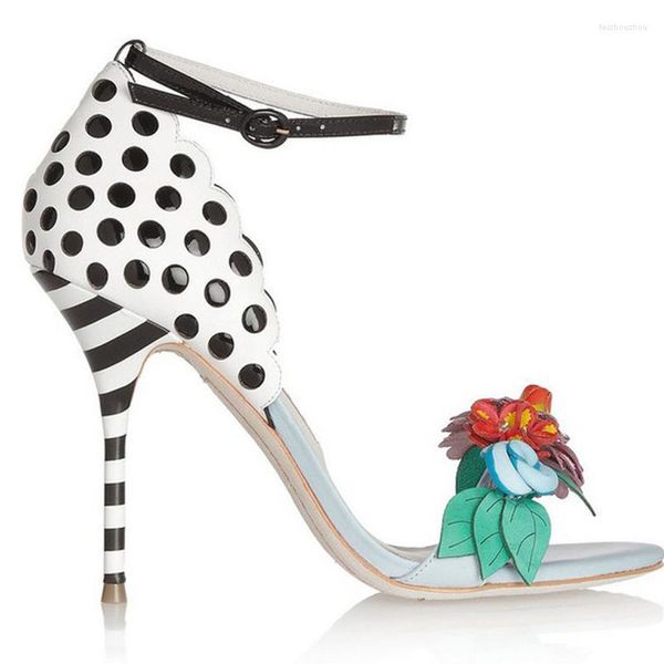 Sandalias Verano Belleza Flores Hojas Tacones altos Mujer Polka Dot Rippled Stripe Stiletto Tobillo Correa Fiesta Sandalia Zapatos