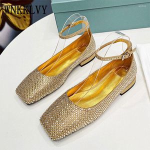 Sandalias de verano con hebilla de cinturón, tacón bajo, parte inferior plana, punta estrecha para mujer, decoración de cristal brillante, zapatos individuales, vestido de banquete