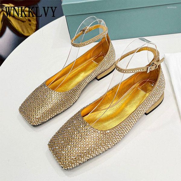 Sandales été ceinture boucle talon bas fond plat femmes bout pointu brillant cristal décor chaussures simples robe de Banquet