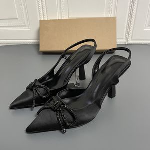 Sandalias de verano negro con lazo brillante de tacón alto para mujer, elegantes zapatos de punta estrecha para exteriores, zapatos de tacón sexis para mujer 230330