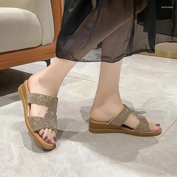 Sandalias Verano Casual Comodidad Lujo Suela Suave Tacón Pendiente Cinturón Elástico Moda Rhinestone Zapatos Planos