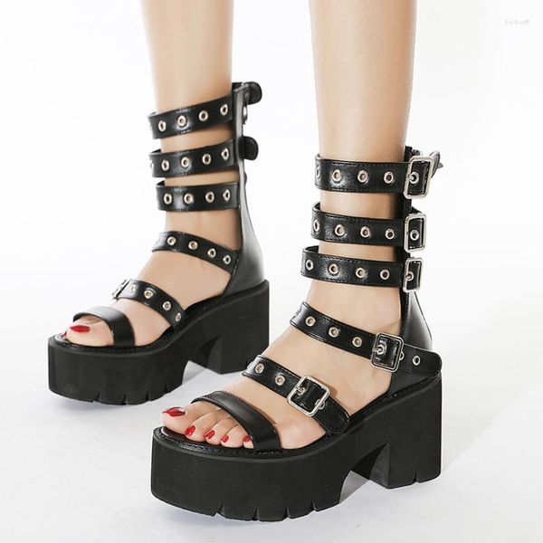 Sandalias Verano Chunky Tacón Gladiador Mujeres Open Toe Black Goth Punk Plataforma Cremallera Moda Damas Zapatos Casuales 35-43