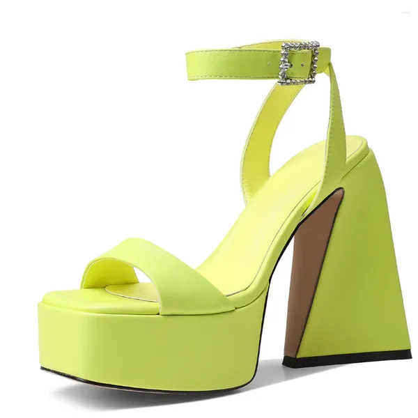 Sandalias de verano Chunky Tacones altos Plataforma con diamantes de imitación Hebilla Mujeres Strappy Block Heel Open Toe Zapatos de mujer Amarillo Blanco