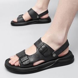 Sandales d'été confortables et respirantes en cuir véritable pour hommes, chaussures de plage décontractées à Double boucle, noires et brunes
