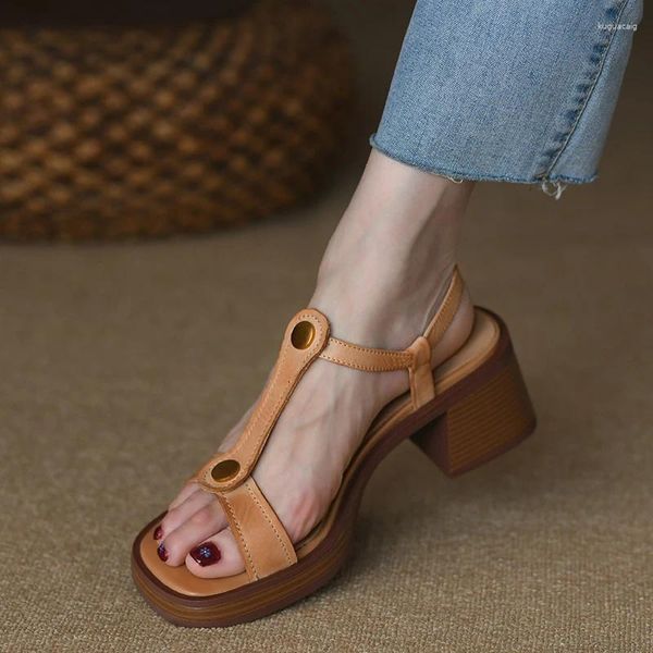 Sandales d'été concises en cuir de vache pour femmes, chaussures à talon de 6 cm, style romain, boucle simple, épaisse, rétro