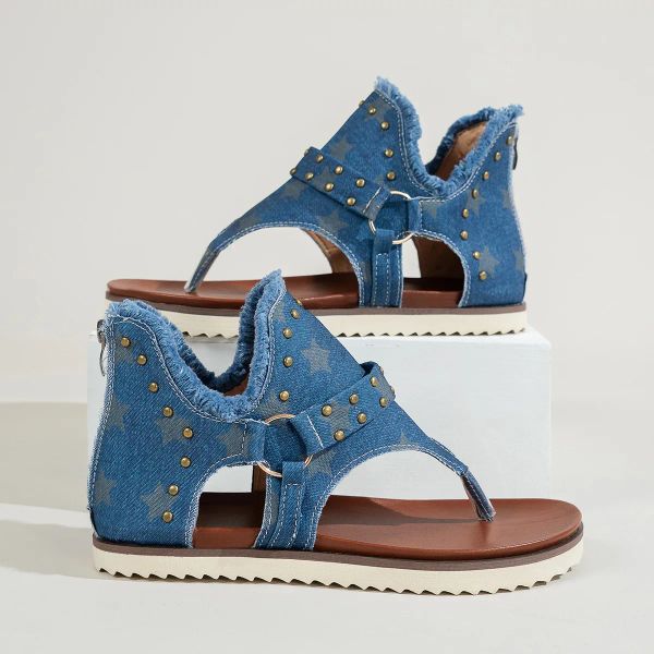 Sandalias zapatos de mezclilla de verano mujeres elegantes estelares estrellas Sandalias Sandalias Damas Punk Rivet Stud Fip Flops