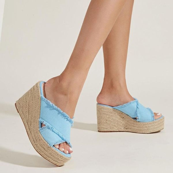 Sandalias de verano Dropship verde azul 2023 mulas cuñas zapatos de tacón alto mujeres Chic Bohemia ocio plataforma alpargatas