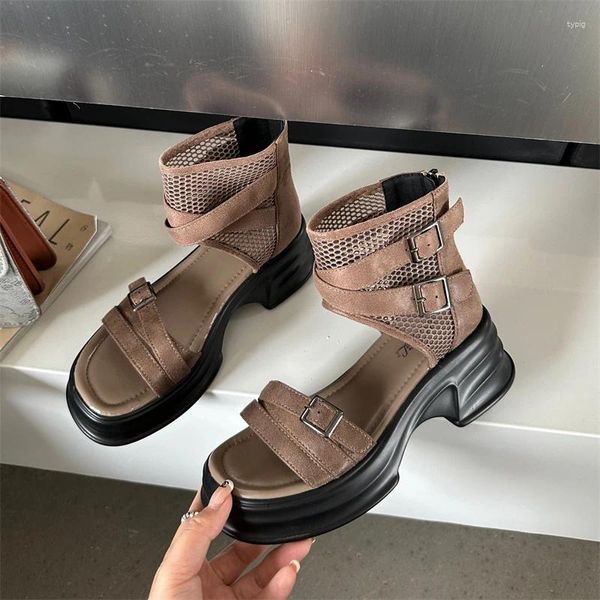 Sandalias Fashion Fashion Gladiator Women Banda estrecha Plataforma cruzada Tacón cuadrado Tacón abierto Roma Roma zapatos maduros madres damas hembras