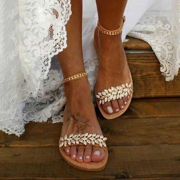 Sandalias planas de verano para mujer, zapatos de estilo bohemio, informales, para boda en la playa, de talla grande, con diamantes de imitación, punta abierta, 230417