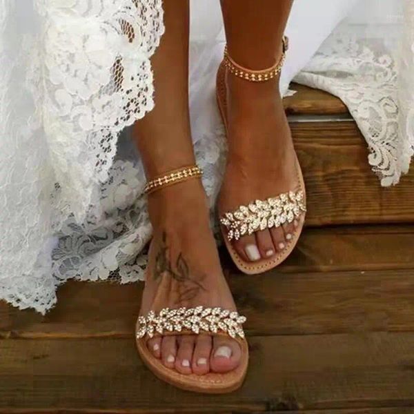 Sandales d'été plates pour femmes, chaussures de style bohème, décontractées, plage, mariage, grande taille, strass, bout ouvert, 2024