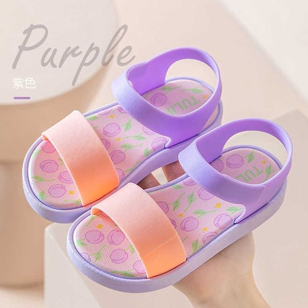 Sandales d'été imprimées fleurs pour filles, chaussures de plage, boucle, fond souple, antidérapantes, décontractées, pieds nus, pour enfants