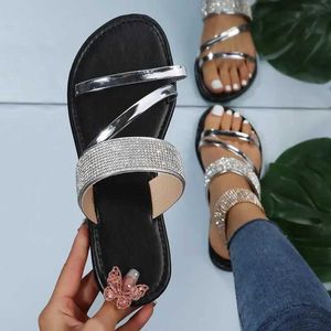 Sandalen zomer voor vrouwen plat sandaal sparkle Rhinestone dia trendy dames strand sparky chic slip on bling casual schoenen h240423