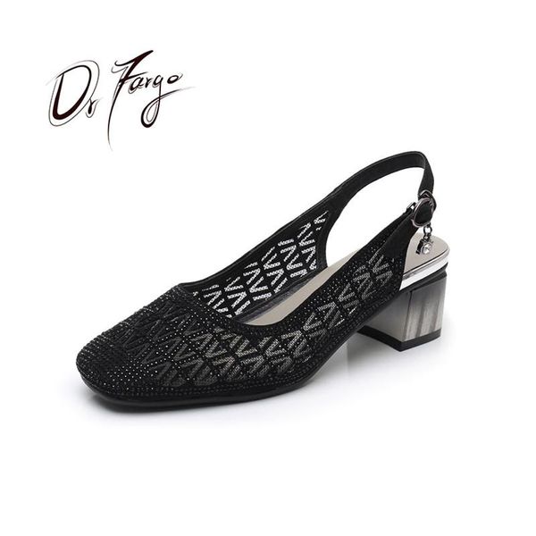 Sandales d'été pour femmes bout carré cristal maille découpe évider OL chaussures de mode talon boucle chaussure Slingback056