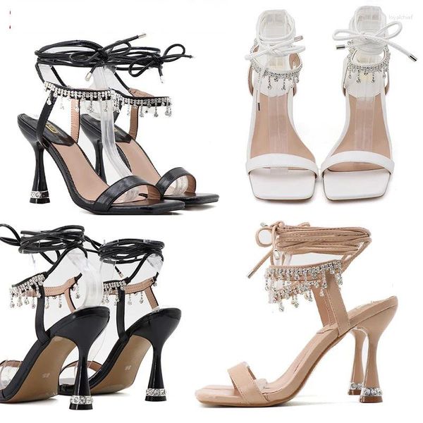 Sandales Summer Fringe Bling Crystal Lady 9cm High Heels Designer Bloc Mid Luxury Square Toe Catwalk Chaussures