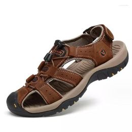 Sandalias de verano de cuero genuino para hombre, calzado deportivo para senderismo, senderismo, escalada, zapatillas informales, zapatos de playa romanos suaves para exteriores