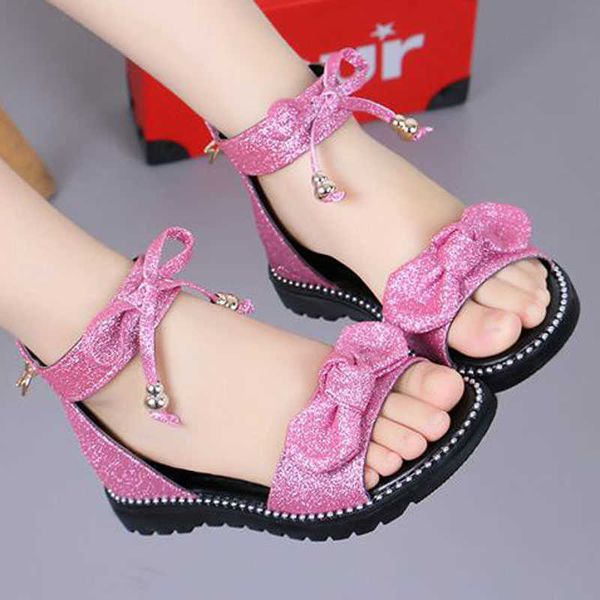 Sandalias Sandalias de verano para niñas, zapatos de princesa con cremallera y lazo a la moda para niñas, zapatos de playa con punta abierta plana, talla 27-37 CSH1401