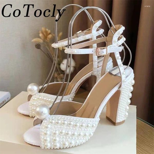 Sandalias Tacones de verano High Women Women White Pearl Wedding Farty Zapatos Femenino Correa de tobillo gruesa Mujer