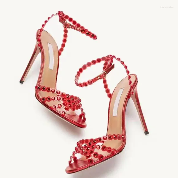 Sandales d'été pour femmes, talons hauts rouges, Super PVC, bout ouvert, chaussures pour femmes, mariage, Banquet, fête, sandales en perles