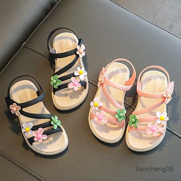 Sandales été petites filles sandales 2023 nouvelle fleur simple mignon rose vert enfants sandales enfant en bas âge bébé doux décontracté école enfants chaussures le cadeau