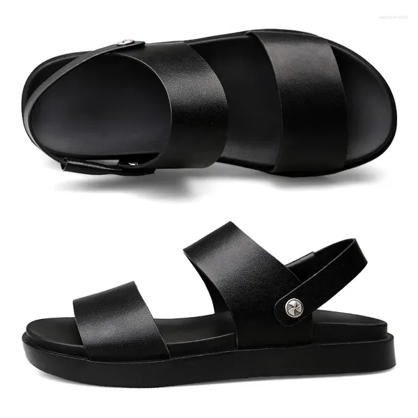 Sandales d'été en cuir véritable pour hommes, chaussures de plage de luxe pour hommes, pantoufles respirantes et décontractées
