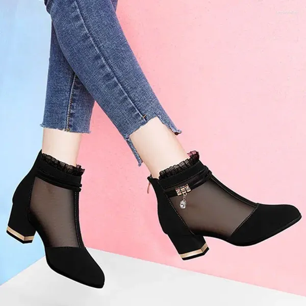 Sandalias Verano Malla Peep Toe Tacones sexy Zapatos individuales Mujeres en Europa América 2024 Bombas de primavera Gasa Mujer Negro 40