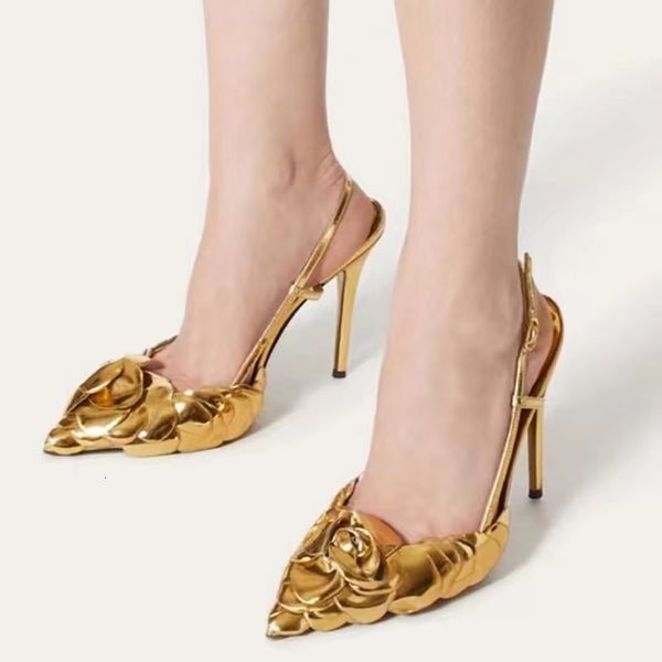 Sandales d'été en cuir verni Asakuchi Golden Rose Petal Stiletto High Heels One Word Buckle Strap All-Match Temperament Toe 230225