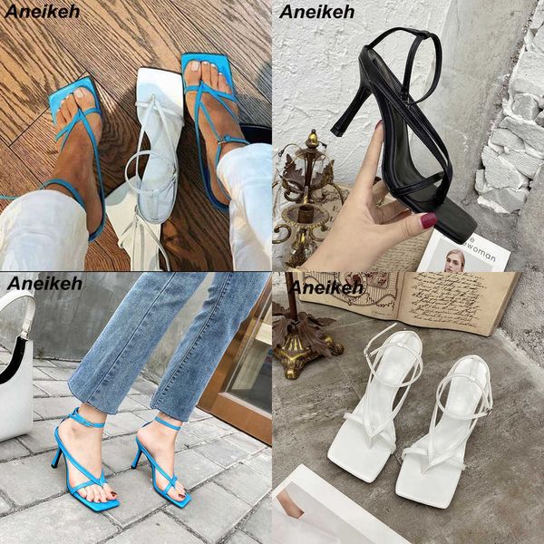 Sandalias de verano para mujer, sandalias de gladiador de banda estrecha, nueva moda, punta abierta cuadrada, correa de hebilla en el tobillo, tacones de aguja, zapato de mujer 230316