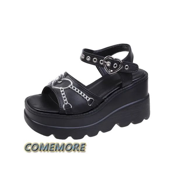 Sandales Plateforme d'été Femmes sandales gothiques lolita kawaii filles tendance luxe punk plage décontractée talons talon rose noir mode 2024 Nouveau